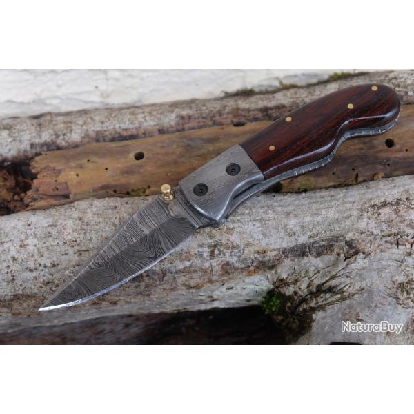 Beau Couteau Damas Lame 128 Couches Manche Bois Mitres Damas Fab Artisanale Linerlock 000