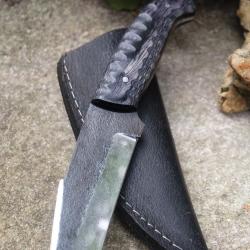 Couteau Tanto Tactical Urban Lame Acier Carbone 1075 Manche Bois Etui Cuir Fabrication Artisanale