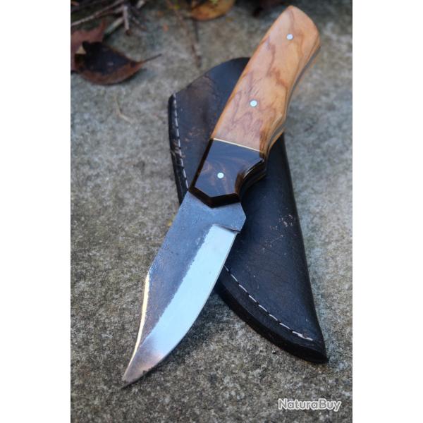 Couteau Skinner de Chasse Survie Lame Acier Carbone 1075 Manche Bois/Rsine Etui Cuir Fabr Artisan