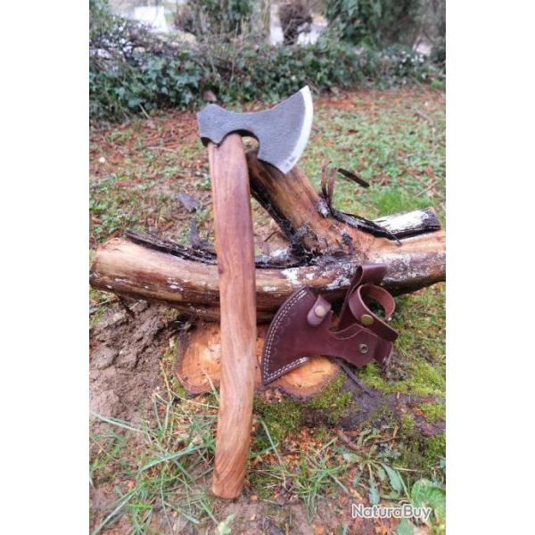 Grande Hache De Viking Tomahawk Lame Acier Carbone Manche Bois Etui Cuir Fabrication Artisanale
