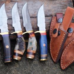 LOT DE 4 Couteau Skinner Damas Lame 256 Couches Manche Bois/Corne de Bélier Fab Artisan Etui Cuir 00