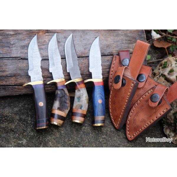 LOT DE 4 Couteau Skinner Damas Lame 256 Couches Manche Bois/Corne de Blier Fab Artisan Etui Cuir 00