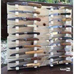 PRESENTOIR MURAL 20 COUTEAUX EN BOIS de SAPIN BRUT - cr&eacute;ation unique
