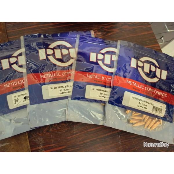Lot de 187 ogives PPU calibre 30 (308) 145gr FMJ BT