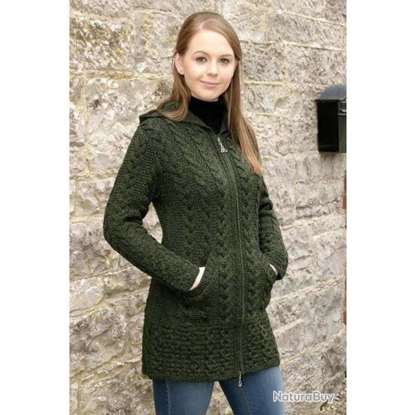 Gilet Femme long � capuche en pure laine m�rinos � double zip rouge L (large)