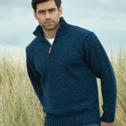 Pull Homme tr&egrave;s chaud en pure laine donegal irlandaise 100% col camionneur bleu marine navy S (small