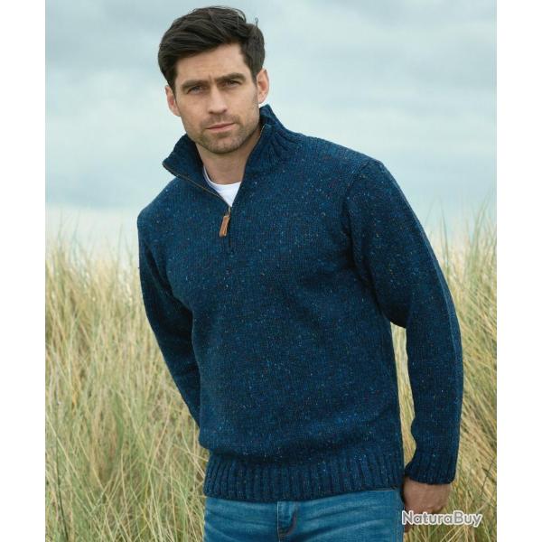 Pull Homme tr�s chaud en pure laine donegal irlandaise 100% col camionneur bleu marine navy M (m�diu
