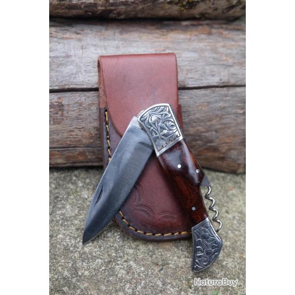 Couteau de Grand-Pre Le Vendangeur Lame Acier Inox Manche Bois Fabric Artisanale Etui Cuir Artisan