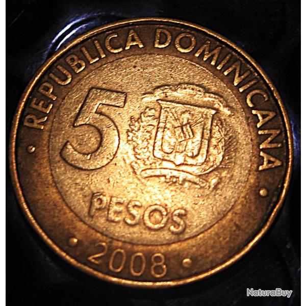 R�publique dominicaine , piece de 5 pesos 2008  ttb bi metal