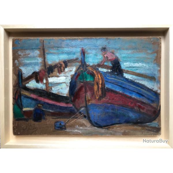 Les p�cheurs.Andr�e Clara BAC (1895-?).Huile sur carton sign�e et encadr�e.