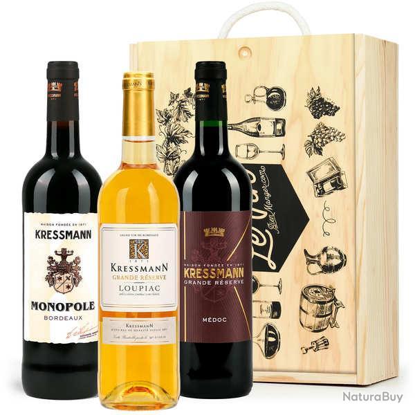 Coffret bois 3 vins de Bordeaux (2 rouges, 1 moelleux) - Caisse bois 3 bouteilles 75cl