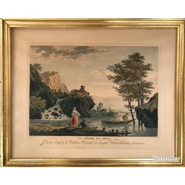 La pche du jour,1777.Joseph VERNET(1714-1789).Eau-forte rhausse  l'aquarelle.