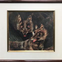 Les loups.Jean-Louis Amédée BEAUJOUAN 1804-1887.Huile sur papier signée et encadrée.