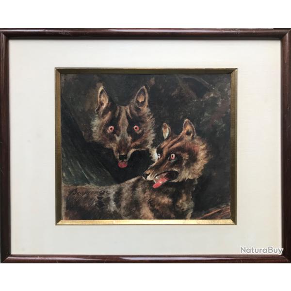 Les loups.Jean-Louis Amde BEAUJOUAN 1804-1887.Huile sur papier signe et encadre.