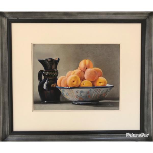 Nature morte aux pches.Daniel SOLNON ( n en 1947).Pastel sign et encadr.