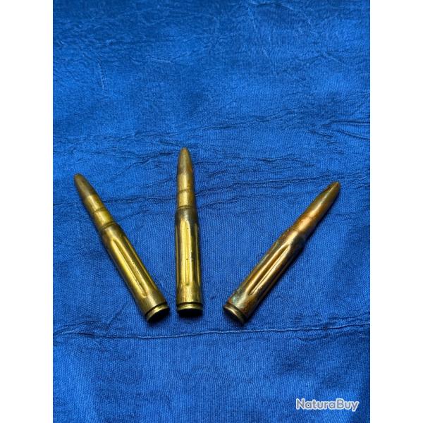 TROIS CARTOUCHES D'EXERCICE CANNELES POUR  FUSIL MAUSER  7,57 MM  W W 1  14/18