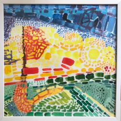 Dans le jardin.Odile TEAMPONT dite BALTRAN (1944).Acrylique sur papier ,2008,signée et encadrée.