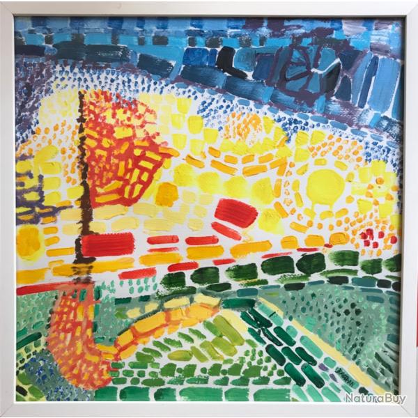 Dans le jardin.Odile TEAMPONT dite BALTRAN (1944).Acrylique sur papier ,2008,signe et encadre.