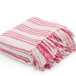 Couverture coton rayures 160x210 cm rose blanc douce lavable