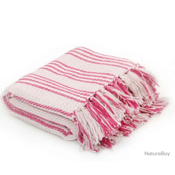 Couverture coton rayures 160x210 cm rose blanc douce lavable