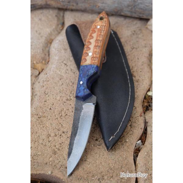 Couteau Skinner Tactical Urbain Lame Acier Carbone 1075 Manche Bois 3D Etui Cuir Fabr Artisanale