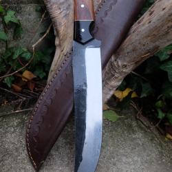 BIG Couteau Buscharft Survie Bowie Lame Acier Carbone 1075 Etui Cuir Manche Bois/Résine F Artisanale