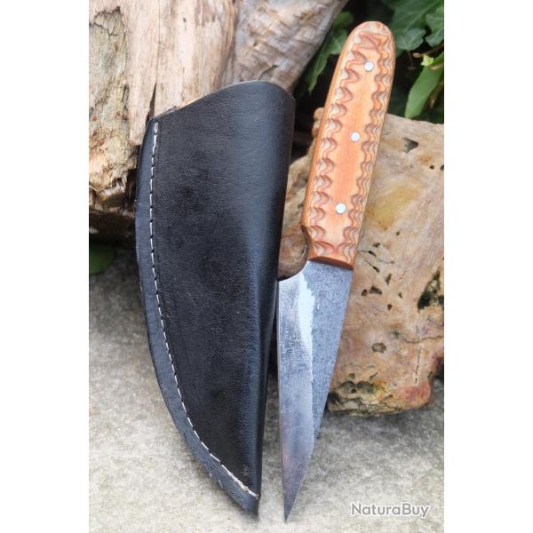 Couteau Skinner Tactical Urbain Lame Acier Carbone 1075 Manche Bois Etui Cuir Fabr Artisanale