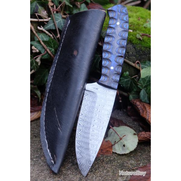 Skinner Couteau de Chasse Damas Lame 256 Couches Manche Bois Blue/Black 3D Fabr Artisanat Etui Cuir
