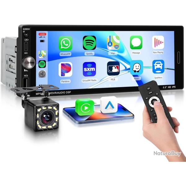 Autoradio 1DIN avec Wireless CarPlay & Android Auto,Autoradio 1 Din avec 6.9 Pouces IPS Touchscreen