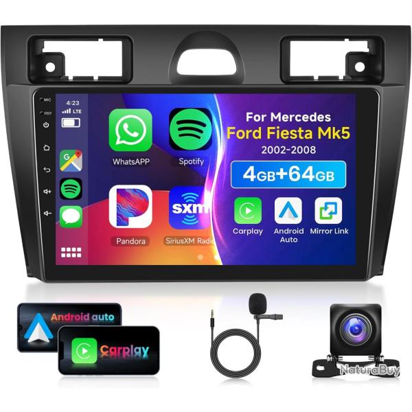 Autoradio 9" 4G+64G Bluetooth pour Ford Fiesta Mk5 2002-2008,Carplay Android Auto Wireless,DSP,EQ,12