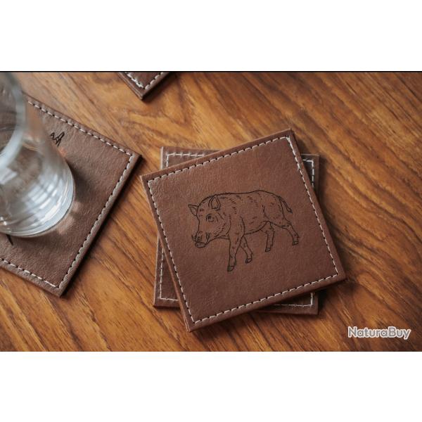 Sous-verres x4 en similicuir - Motif Chasse : Sanglier / Chevreuil / Bcasse / Bois de cerf