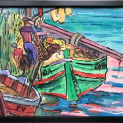 Les pêcheurs de Port-Vendres,vers 1950.Andrée Clara BAC (1895-?)Gouache signée et encadrée.