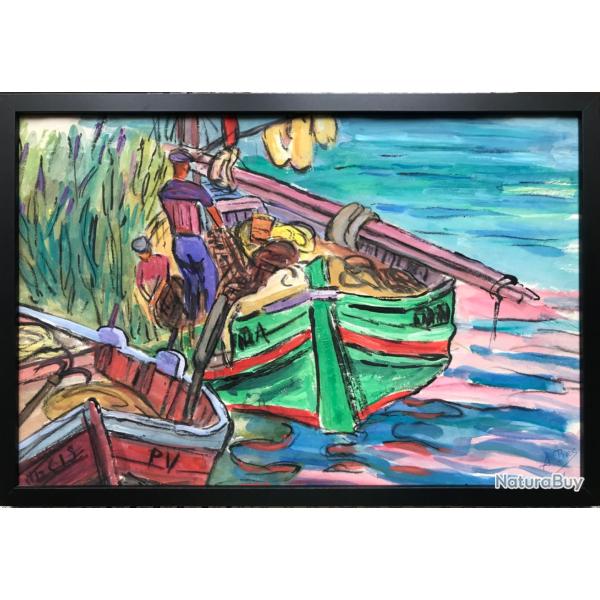 Les p�cheurs de Port-Vendres,vers 1950.Andr�e Clara BAC (1895-?)Gouache sign�e et encadr�e.