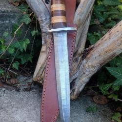 Couteau Dague De Chevalier Lame Acier Damas 256 Couches Manche Bois Garde Nickel Etui Cuir Artisan