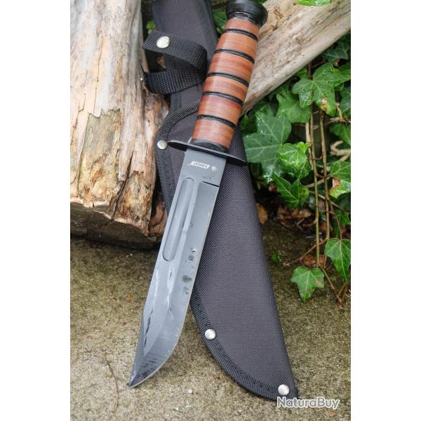 Couteau Tactical Marines Combat Fighting Lame Acier 3Cr13 Black Manche Cuir Etui Nylon Style Ka-bar