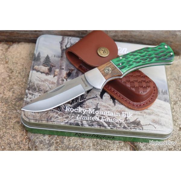 Couteau Remington Lockback Lame Acier 8Cr13MoV Manche Bois/Os Etui CUir Boite Mtal Dcor Cerf