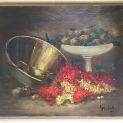 Nature morte aux groseilles.Jean-Baptiste GARDEL(1818-1874).Huile sur toile sign&eacute;e et encadr&eacute;e.