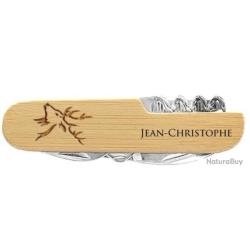 Idée cadeau : Couteau suisse personnalisable 15 caract-res - 7 fonctions - Manche en bambou