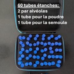 TROUSSE 60 TUBES-DOSETTES 2ml POUR CHARGEMENT POUDRE NOIRE +1 ENTONNOIR ALU + 1 SPATULE ALU