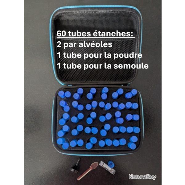 TROUSSE 60 TUBES-DOSETTES 2ml POUR CHARGEMENT POUDRE NOIRE +1 ENTONNOIR ALU + 1 SPATULE ALU