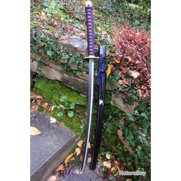 Sabre Katana De Ninja Crmonie Lame Acier 440 Tsuba Mtal Manche Faon Peau de Raie Etui Bois