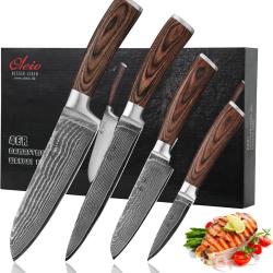 Set de 4 couteaux en Damas I Lames en acier damassé à 67 couches avec noyau VG10 et manches en bois