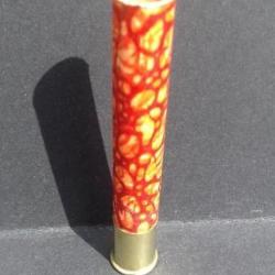 DOUILLE ANCIENNE MANUFRANCE ORANGE -BLANCHE TIGREE BORDEAUX CAL.410 /75mm POUR LA COLLECTION