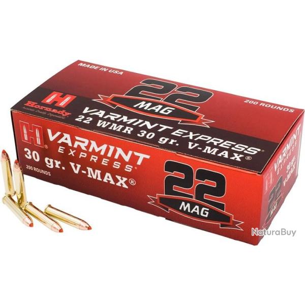 BALLES HORNADY , V-MAX 30GR , Calibre:22WMR. Lot de 100 cartouches.