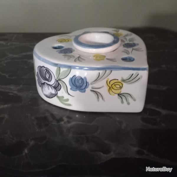 ANCIEN ENCRIER en C�RAMIQUE �MAILL�E FRAN�AISE  AVEC SON GODET