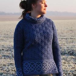 Pull tunique Femme jacquard irlandais maille intarsia pure laine m&eacute;rinos chaude XS (extra small) ble