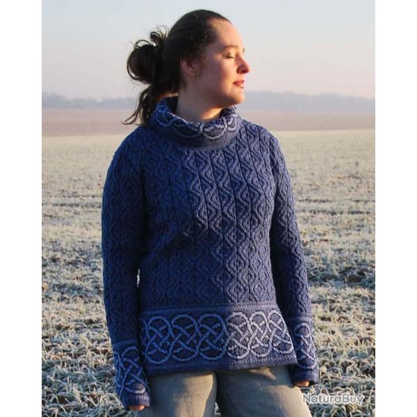 Pull tunique Femme jacquard irlandais maille intarsia pure laine m�rinos chaude S (small) bleu myoso