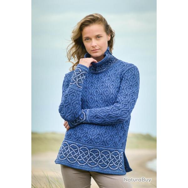 Pull tunique Femme jacquard irlandais maille intarsia pure laine m�rinos chaude XL (extra large) ble