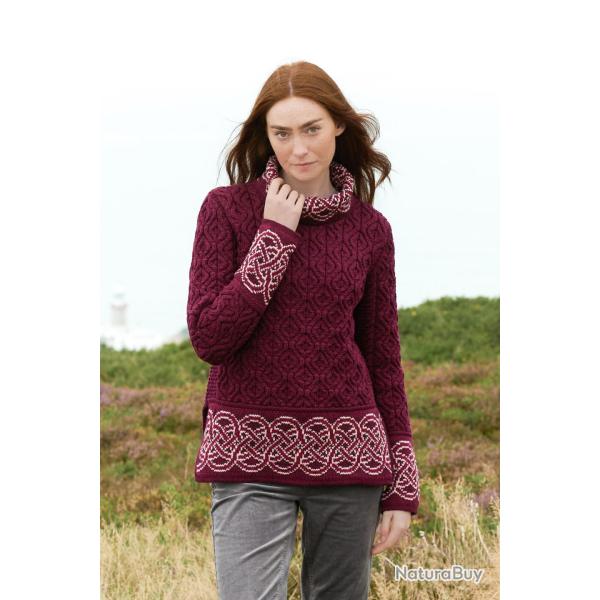 Pull tunique Femme jacquard irlandais maille intarsia pure laine m�rinos chaude L (large) rouge gren