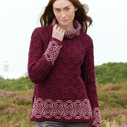 Pull tunique Femme jacquard irlandais maille intarsia pure laine m&eacute;rinos chaude XL (extra large) rou